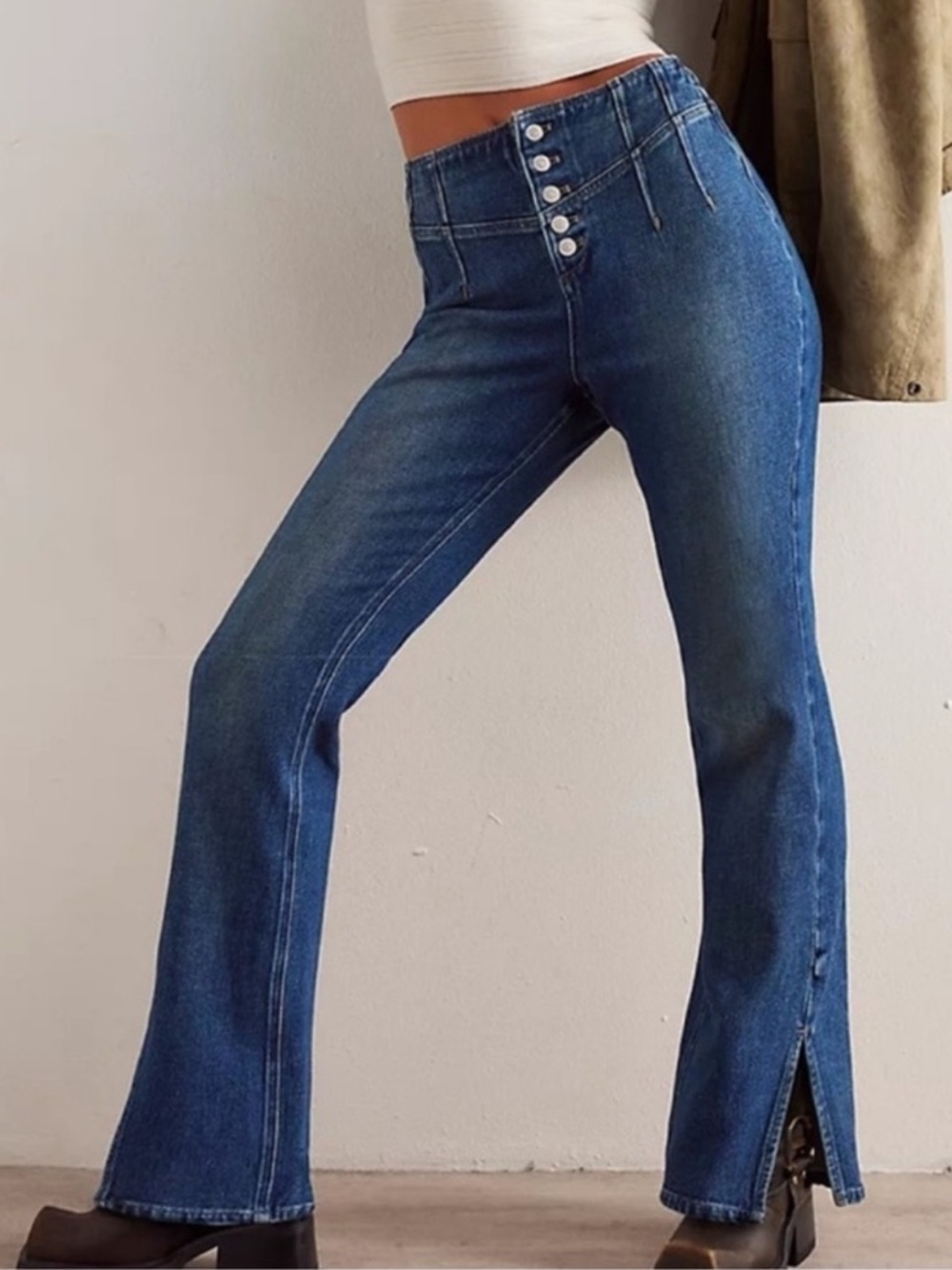 NWT We The Free Dark Blue High-Rise Button Flare Jeans Size 29